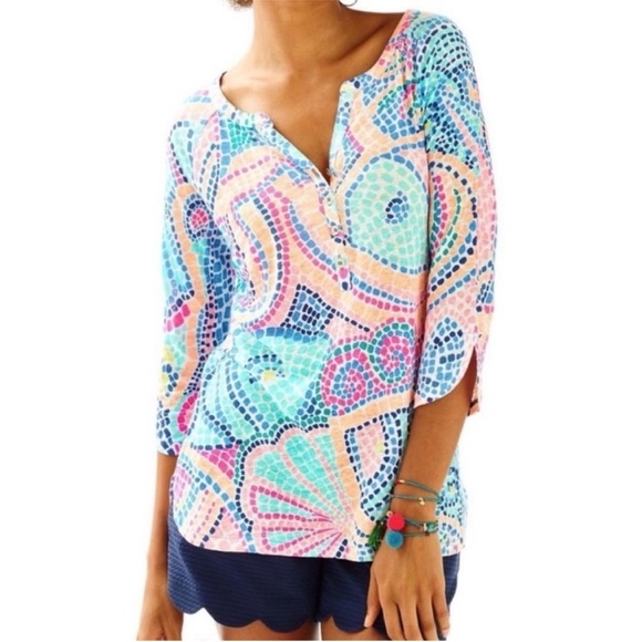 Lilly Pulitzer Tops - Lilly Pulitzer Linen Egret Tile Wave Henley Tunic Top Size Small